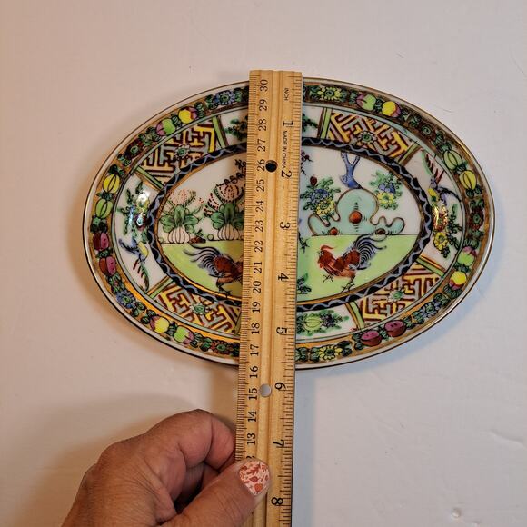 Japanese Hand Painted Porcelain Oval Plate Roosters Painted in HK Marked ACF Vtg - Picture 3 of 6